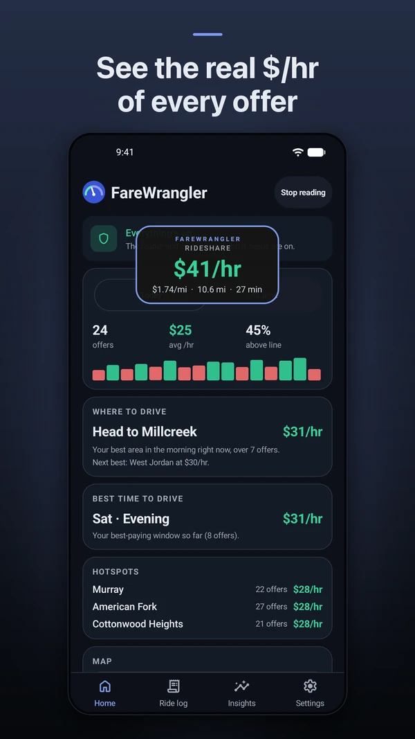 Android screenshot: See the real $/hr of every offer. The badge shows the rate over the home screen.