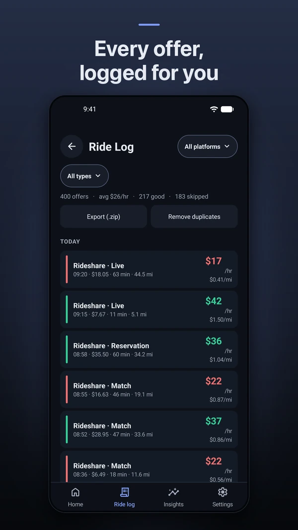 Android screenshot: Every offer, logged for you. The ride log.