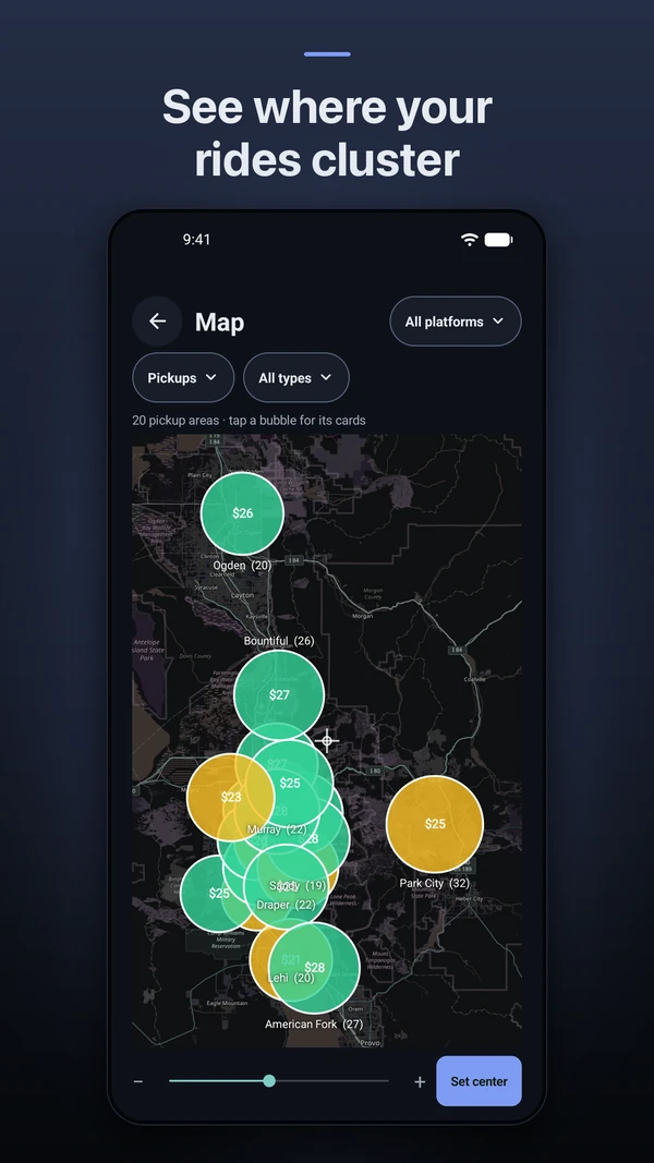 Android screenshot: See where your rides cluster. The map.