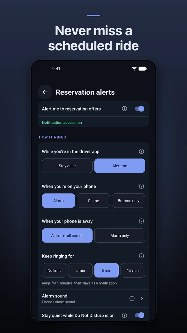 Android screenshot: Never miss a scheduled ride. Reservation alerts.