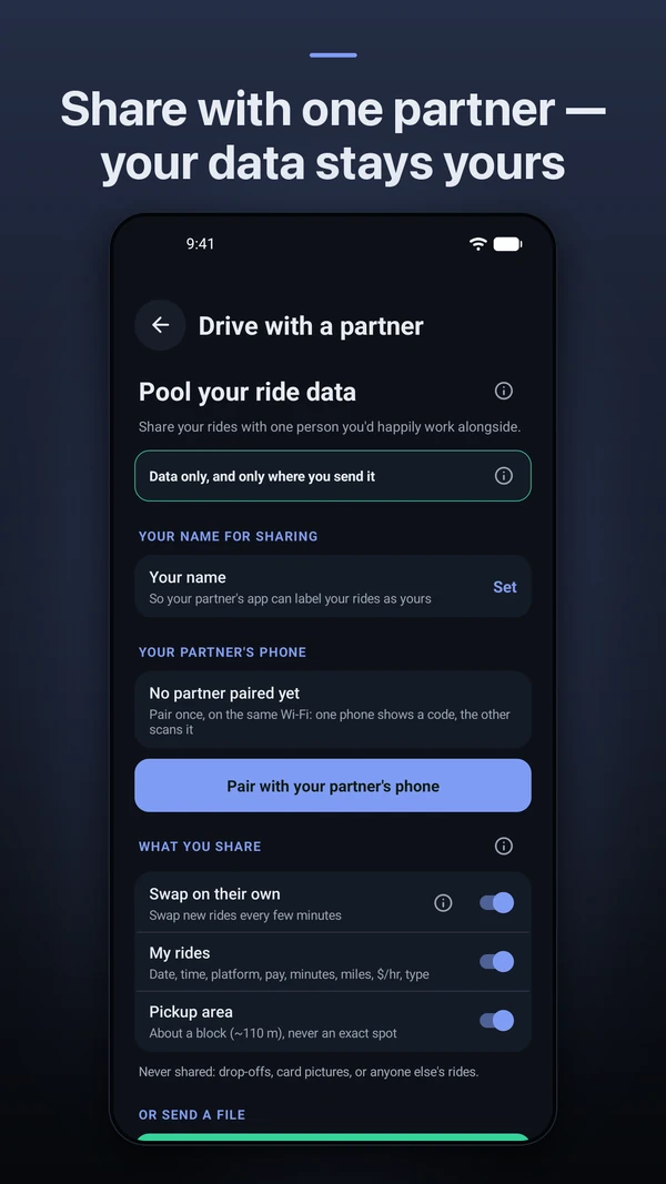 Android screenshot: Share with one partner, your data stays yours. Drive with a partner.