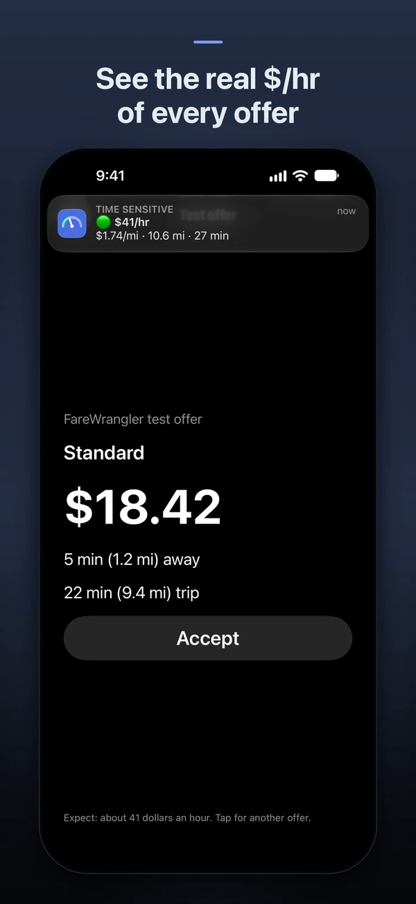 iPhone screenshot: See the real $/hr of every offer. A banner shows the rate.