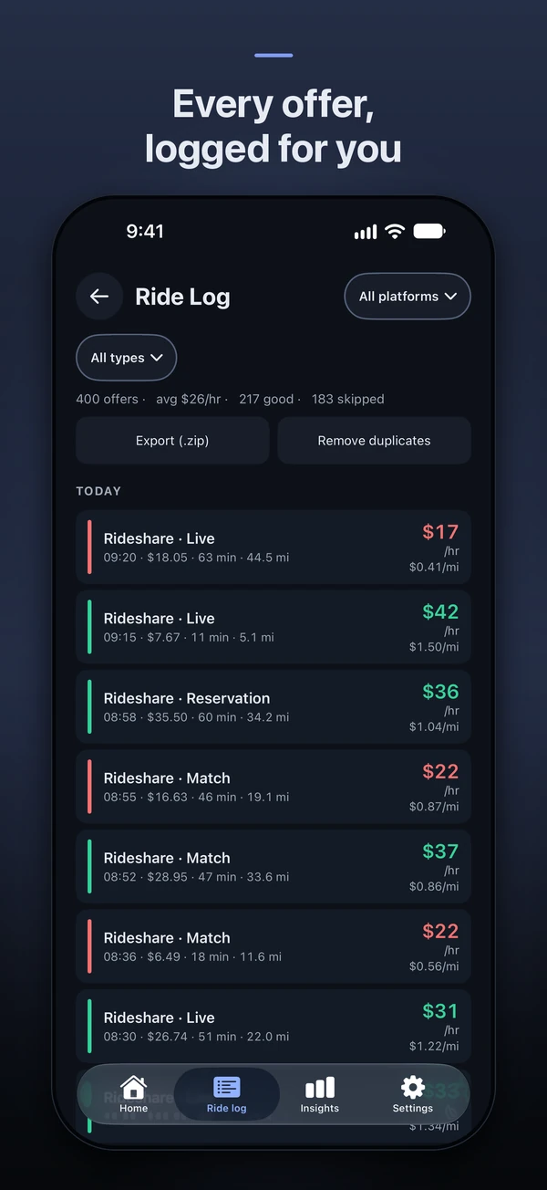 iPhone screenshot: Every offer, logged for you. The ride log.