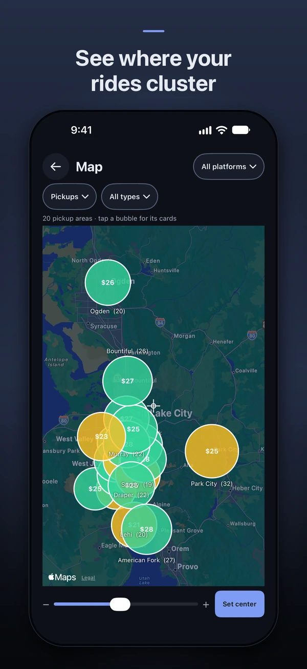 iPhone screenshot: See where your rides cluster. The map.
