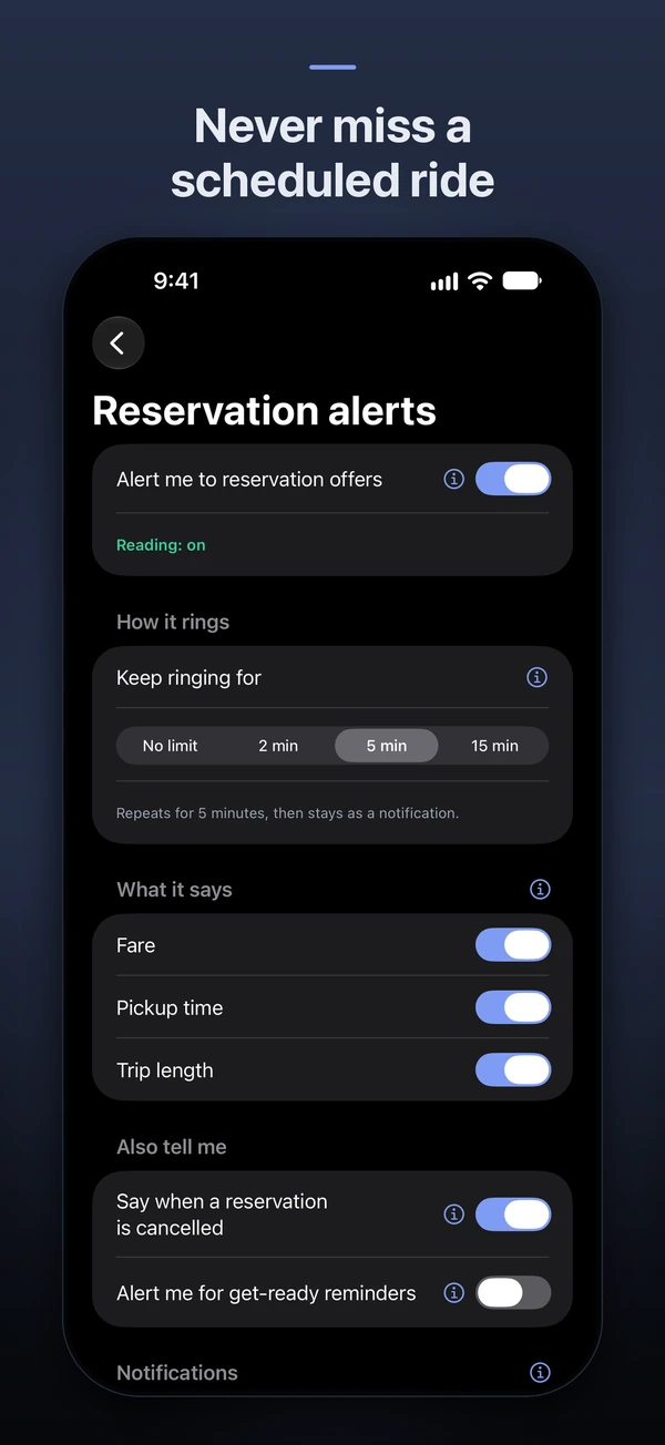 iPhone screenshot: Never miss a scheduled ride. Reservation alerts.