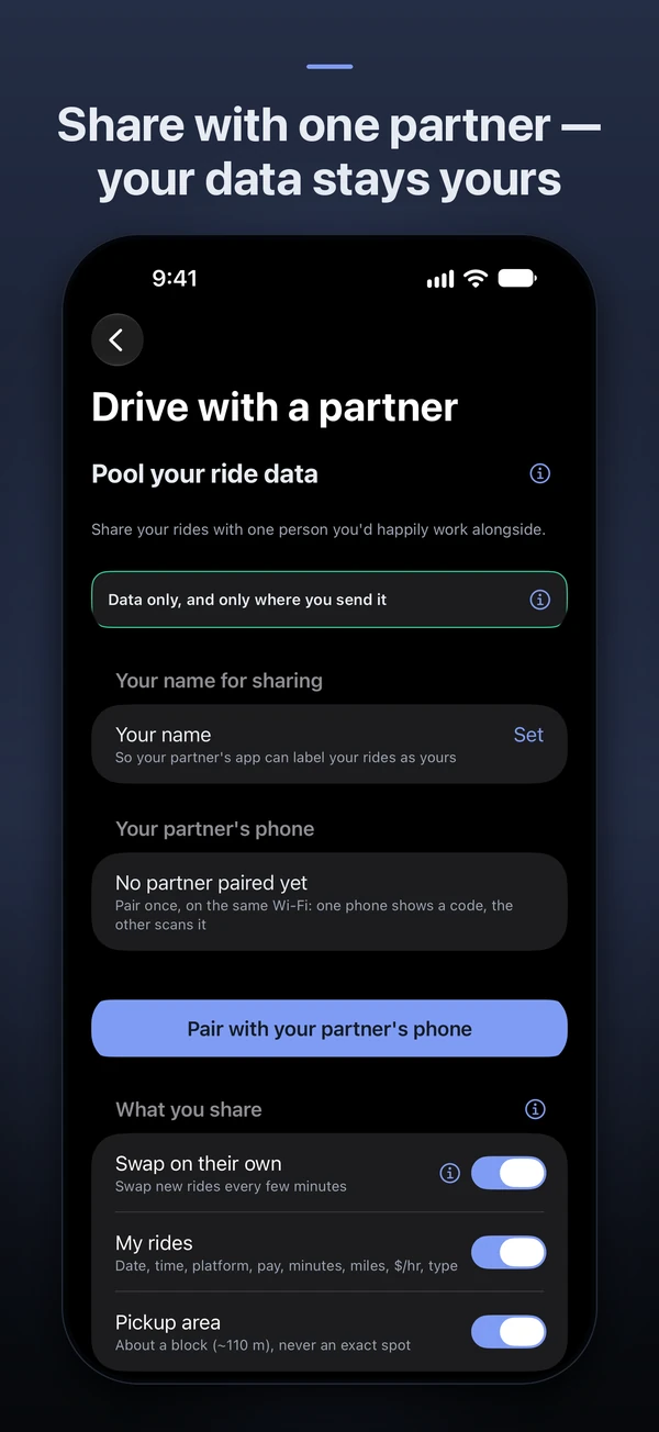 iPhone screenshot: Share with one partner, your data stays yours. Drive with a partner.